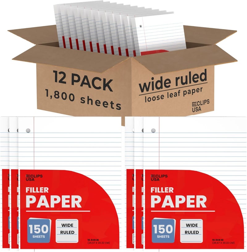 VEEBOOST Graph Paper Wide Ruled Loose Leaf Paper Wide Ruled Notebook Paper Lined Writing Filler Paper 10.5” x 8” 56 gsm 1800 Sheets 150 Sheet Per Pack (12 Pack) - Image 1